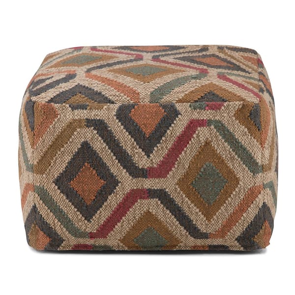 Simpli Home Johanna Boho Square Pouf in Multi-Color Kilim Woven Jute