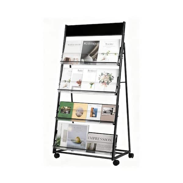 4-Layer Black 25 in x 58 in Metal Floor Freestanding Magazine Rack