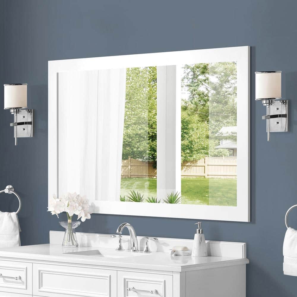 Mara 60 in. W x 36 in. H Rectangular Framed Wall Mount Bathroom Vanity Mirror in White - Thumbnail 3