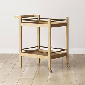 Farley Warm Pine Modern Bar Cart with Solid Wood Frame and Metal Guard Rails