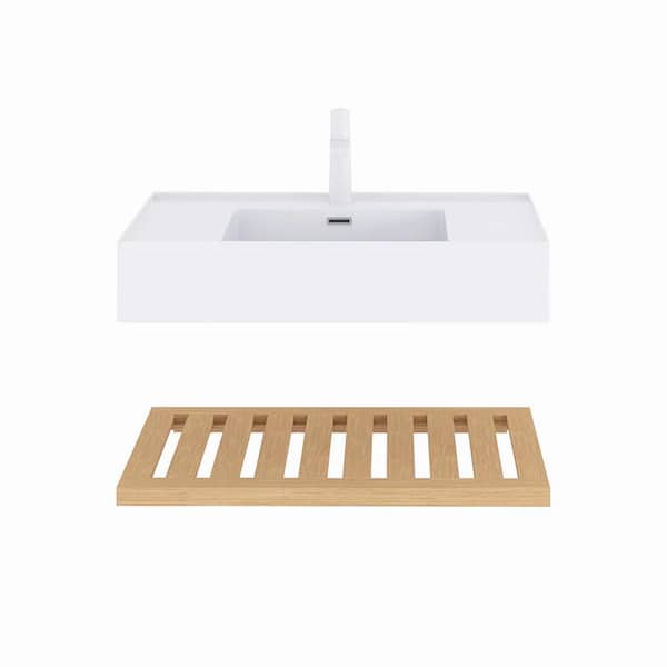 29.53 in. W x 18.11 in. D x 8.15 in. H Wall-Mounted Bath Vanity in Natural Wood with White Acrylic Top