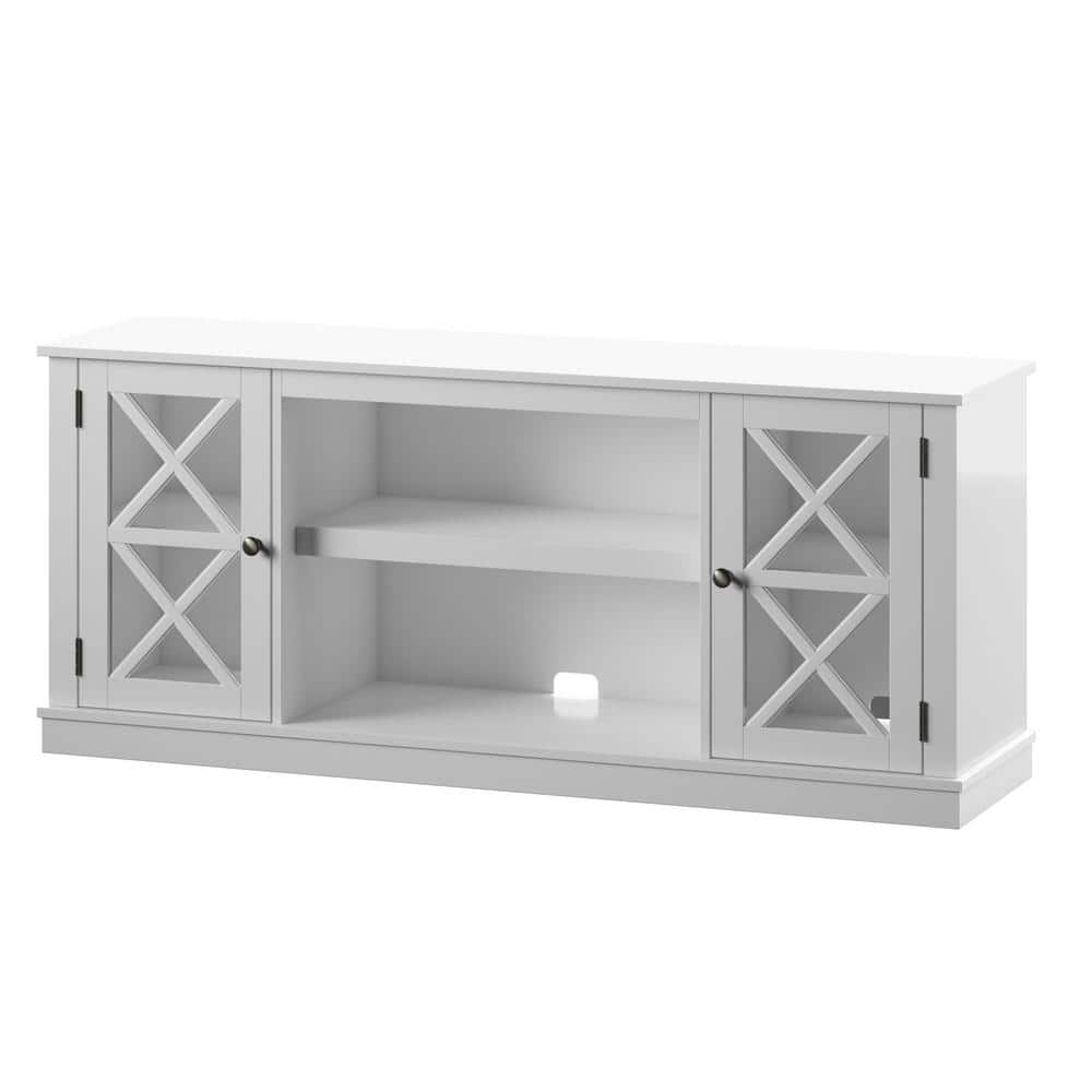 White Modern Farmhouse TV Stand with Glass Doors and Fireplace