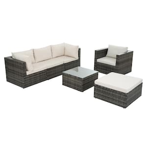 Dark Gray 6-Piece Wicker Outdoor Patio Conversation Set With Tempered Glass Coffee Table and Beige Cushions