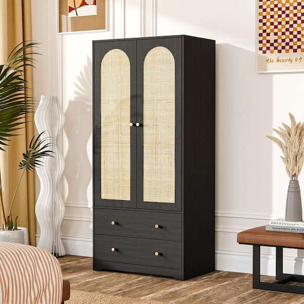 Black and Oak 31.5 in. Armoire Rattan Surface with Drawers