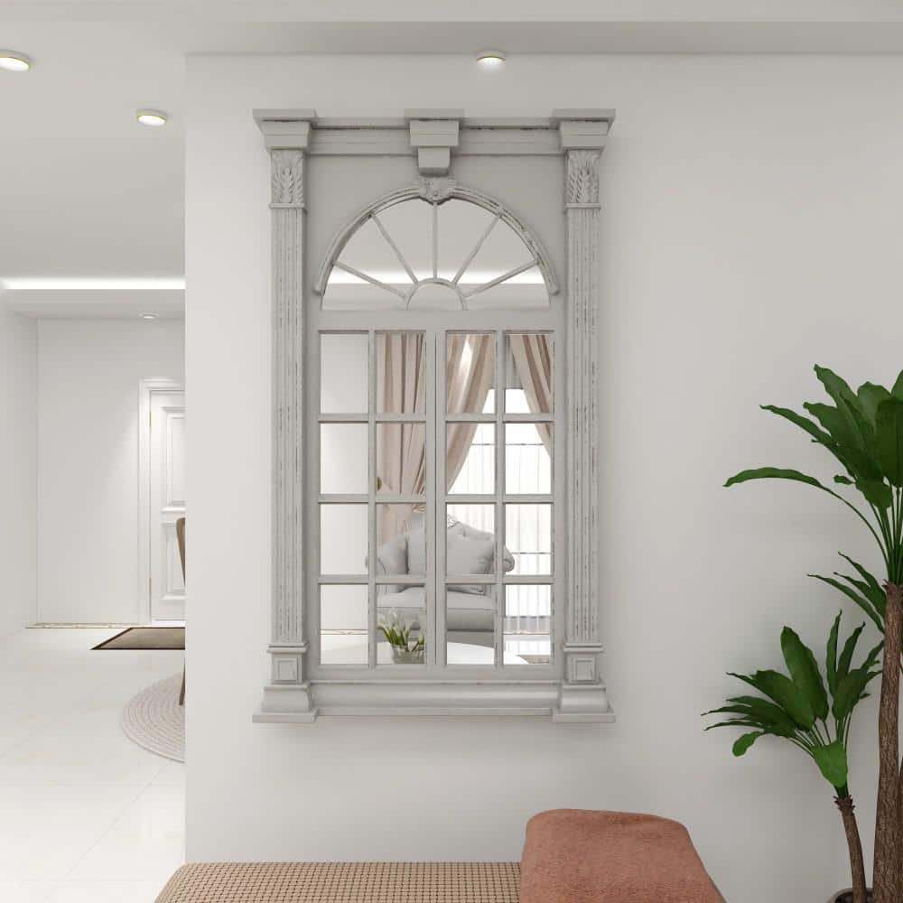 Cream Wood Windowpane Arched Wall Mirror with Distressed Finish