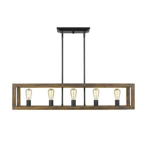 Sutton 5-Light Linear Pendant in Black with Wood Cage