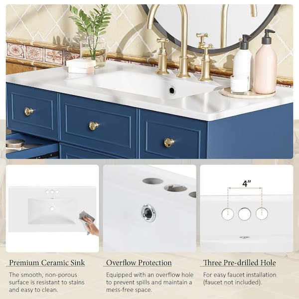 Virubi 36 in. W Single Sink Bath Vanity in Navy Blue with White