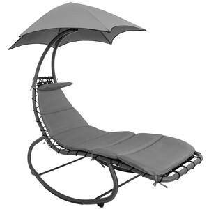 Hanging Metal Curved Steel Outdoor Chaise Lounge Chair with Gray Cushion, Built-in Pillow and Removable Canopy