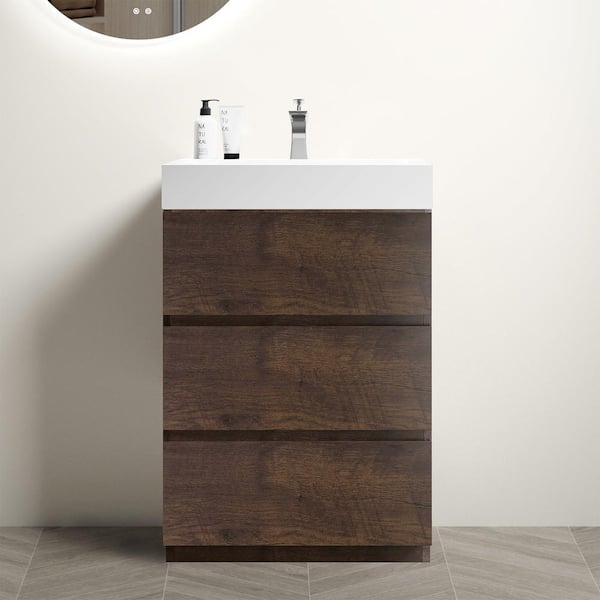 INSTER NOBLE 24 in. W x 18 in. D x 37 in. H Single Sink Freestanding Bath Vanity in Wood with White Solid Surface Integral Top