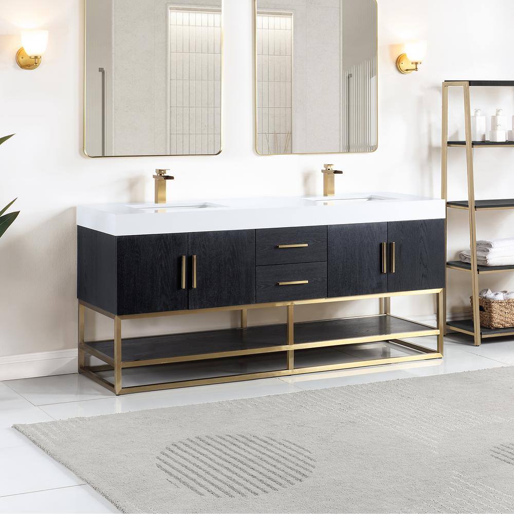 Bianco 72" Black Oak and White Double Vanity with Gold Accents