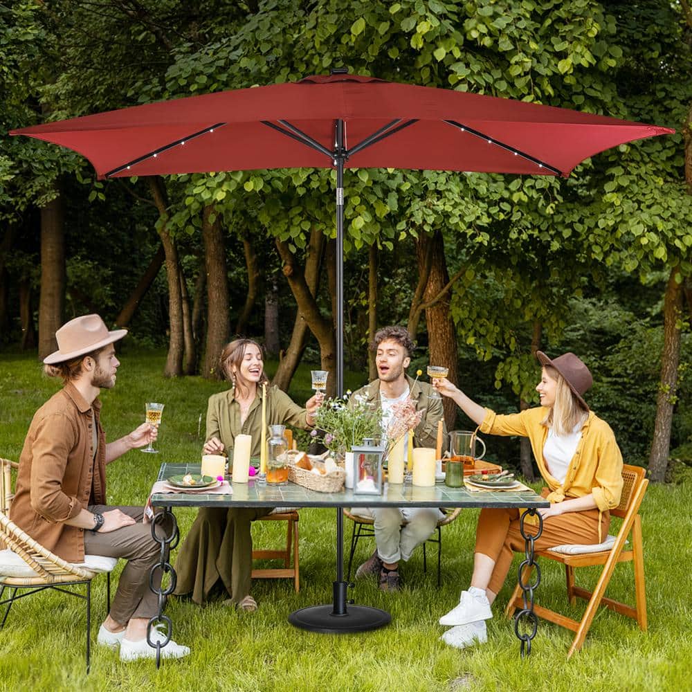 Burgundy Rectangular Solar LED Patio Umbrella with Steel Frame