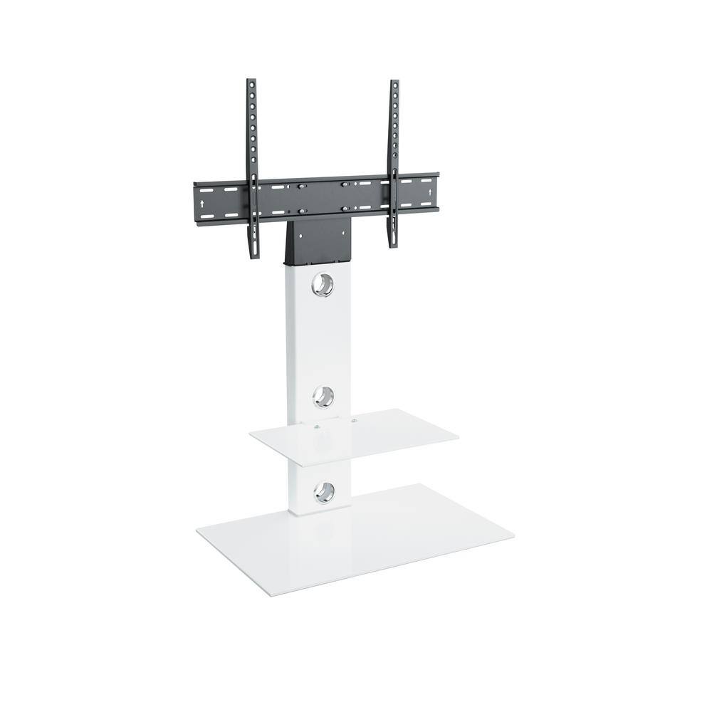 White Gloss TV Floor Stand with Mount and Tempered Glass Shelves