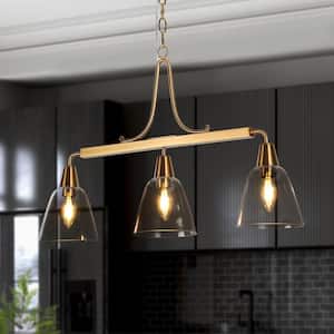 Minimalist Modern 3-Light Brass Linear Chandelier with Classic Bell Clear Glass Shades Island Pendant for Dining Room
