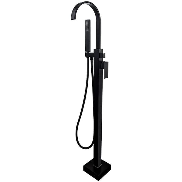 1-Handle Waterfall FreeStanding Floor Mount Tub Faucet with Hand Shower in Matte Black
