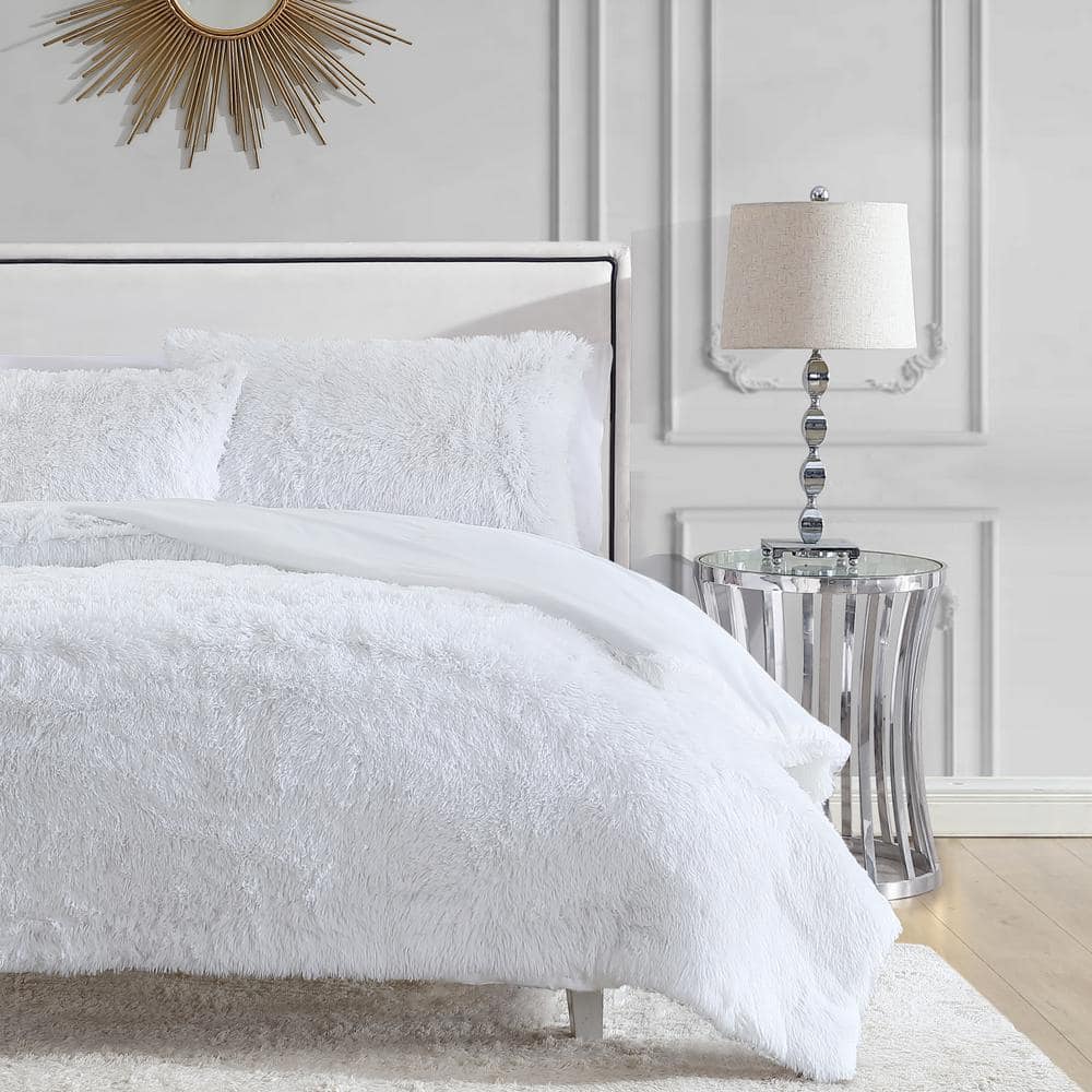 White Faux Fur Full Comforter Set with Reversible Shams