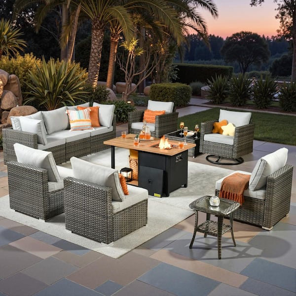 Toject Sanibel Gray 11-Piece Wicker Outdoor Patio Conversation Sofa Set with a Storage Fire Pit and Light Gray Cushions