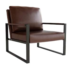 Brown Mid-Century Style Faux Leather Upholstered Armchair with Steel Frame