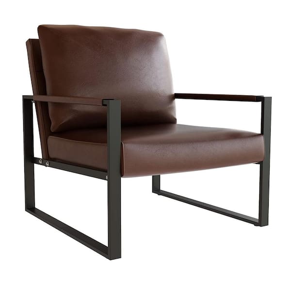 mieres Brown Mid-Century Style Faux Leather Upholstered Armchair with Steel Frame