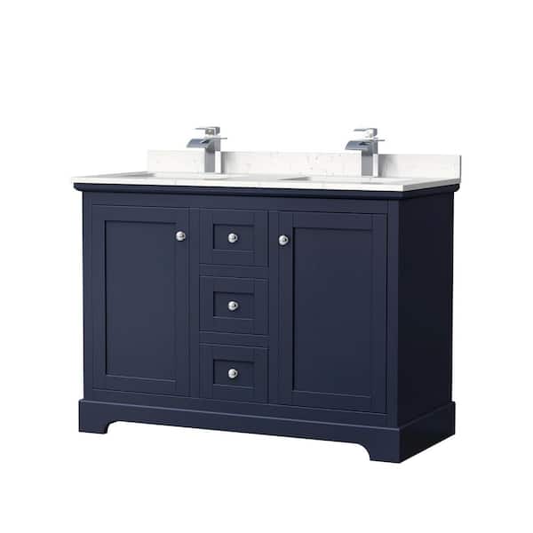 Wyndham Collection Avery 48 in. W x 22 in. D x 35 in. H Double Bath Vanity in Dark Blue with Carrara Cultured Marble Top