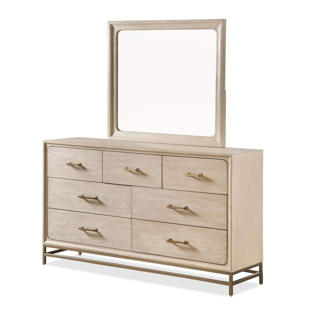 Light Oak Mid-century Dresser with Mirror and Brass Accents