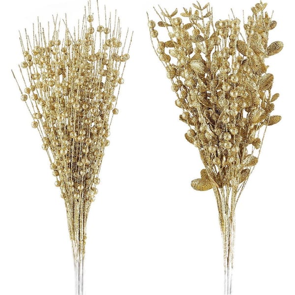 24-Pack 17 in. ChristmasTree Picks Ornaments Gold Artificial Glitter Berry Stem