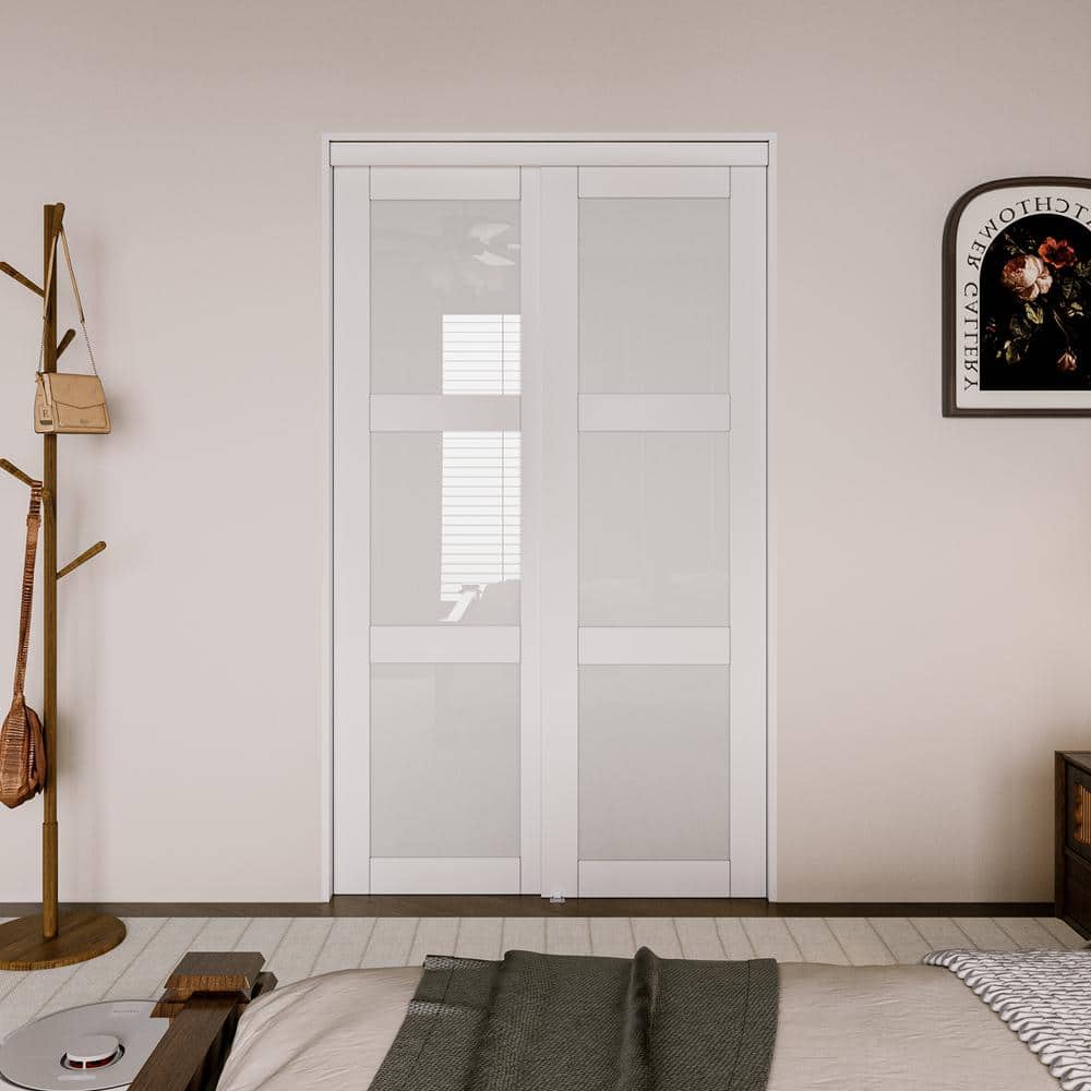 48 in. x 80 in. White Tempered Frosted Glass Sliding Closet Door