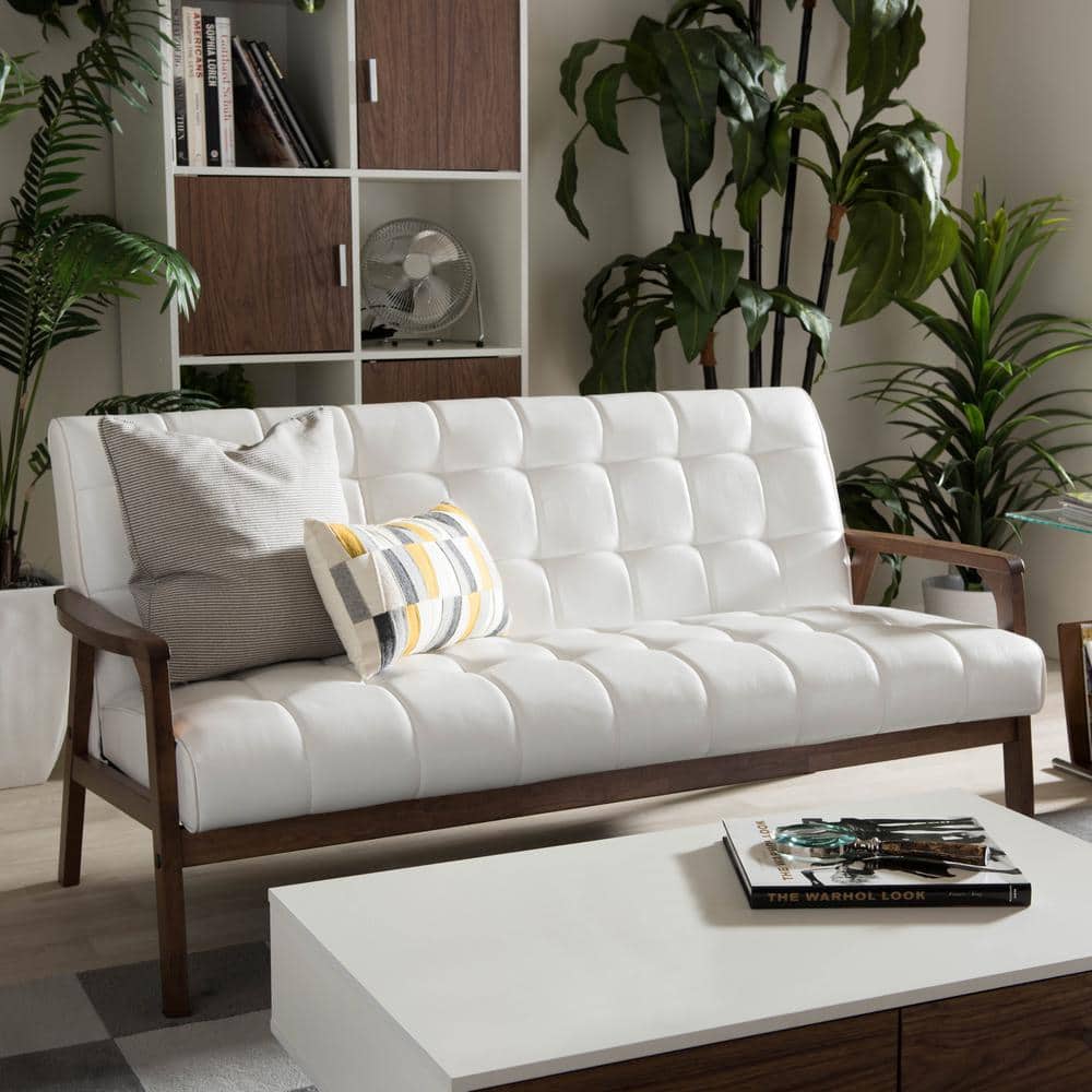Elegant White Faux Leather Tufted Sleeper Sofa with Wood Accents