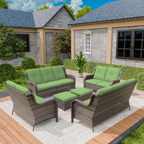 MeetLeisure Patio Furniture Set 6 Pieces Outdoor Wicker Sectional Sofa with Green Cushions
