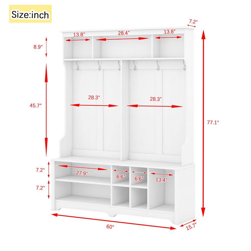 White MDF Hall Tree with Storage Bench and Metal Hooks