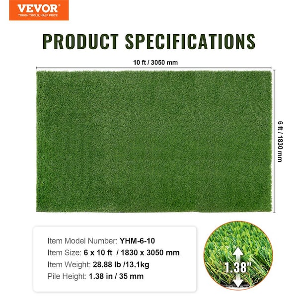 VEVOR Artificial Grass 6 ft. x 10 ft. Green Turf 1.38 in. Fake Door Mat Artificial Grass with Drainage Holes Runner Rug