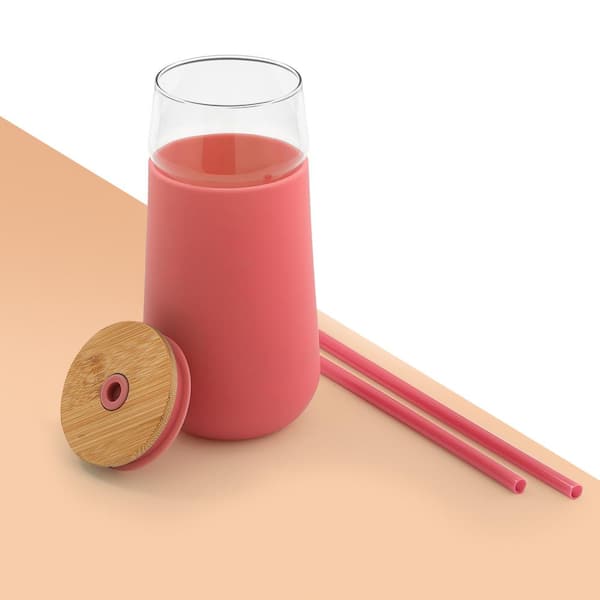 JoyJolt Glass Tumbler with 1 Straws & Non Slip Silicone Sleeve - 20 oz - Pink