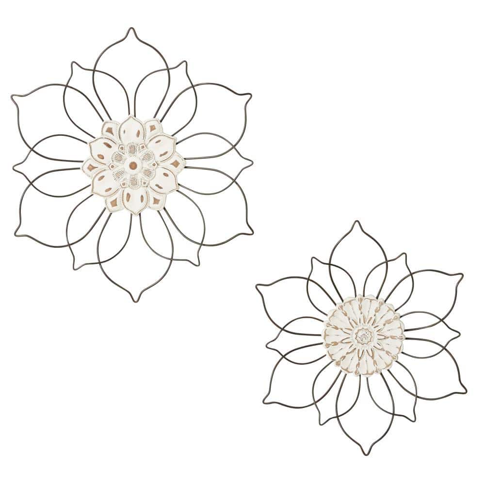 Elegant Black Metal and Wood Floral Wall Decor Set of 2