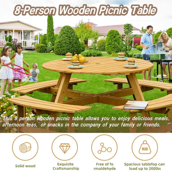 70 inch round patio table with umbrella hole 70 in. Natural Round Wood Picnic Tables Seats 8 People with Umbrella Hole  NPT-9764
