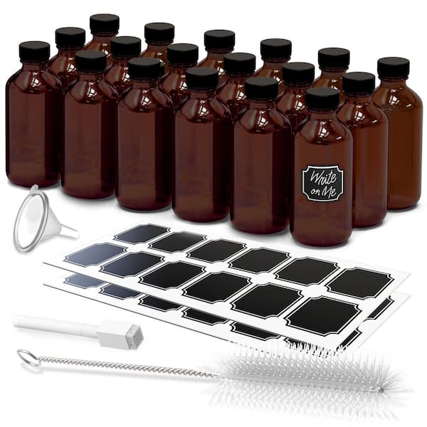 8 oz. Boston Round Glass Bottles with Lids, Brush, Marker and Labels - Amber (Pack of 18)