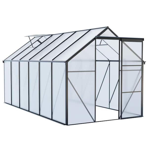 6 ft. W x 12 ft. D, Single Sliding Door Polycarbonate Greenhouse Raised Base and Anchor Aluminum, in Black
