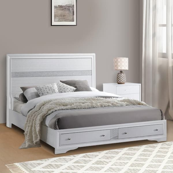 Classy White Wood Frame Queen Size Panel Bed With Storage