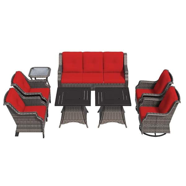 8-Piece 7-Seat Wicker Patio Conversation Set Fire Pit Table with Swivel Rocking Chairs and Red Cushion