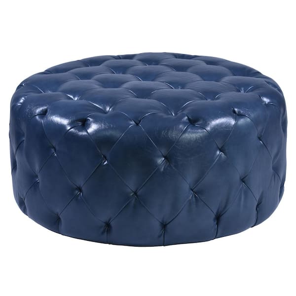 Armen Living Victoria Button Tufted Ottoman In Ocean Blue Bonded Leather