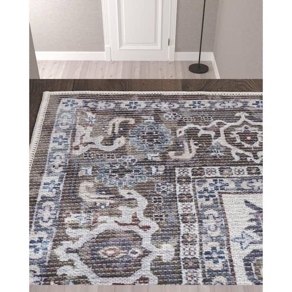 10 ft. Green and Ivory Floral Power Loom Distressed Washable Runner Rug