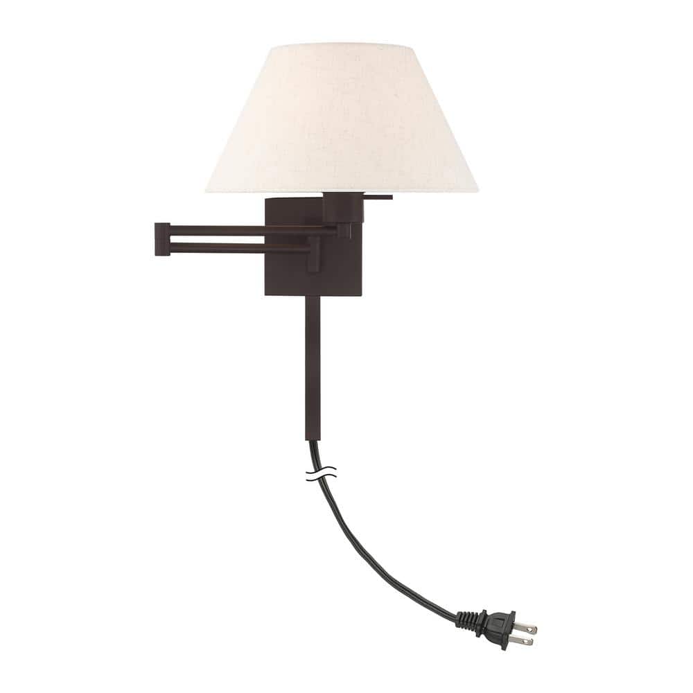 Bronze Finish Swing Arm Wall Lamp with Oatmeal Fabric Shade