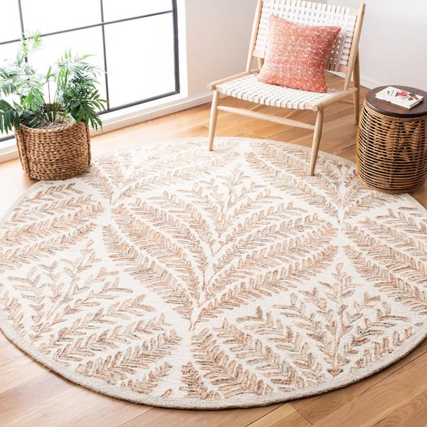 Capri Ivory/Brown 7 ft. x 7 ft. Geometric Leaf Round Area Rug