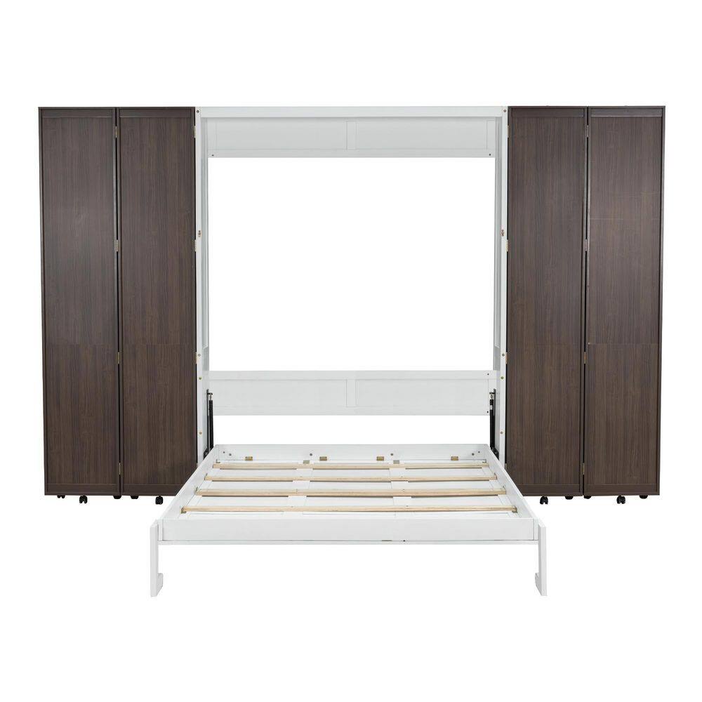 White Wood Frame Queen Murphy Bed Wall Bed with Push-Pull Foldable Storage Cabinets - thumbnail 5