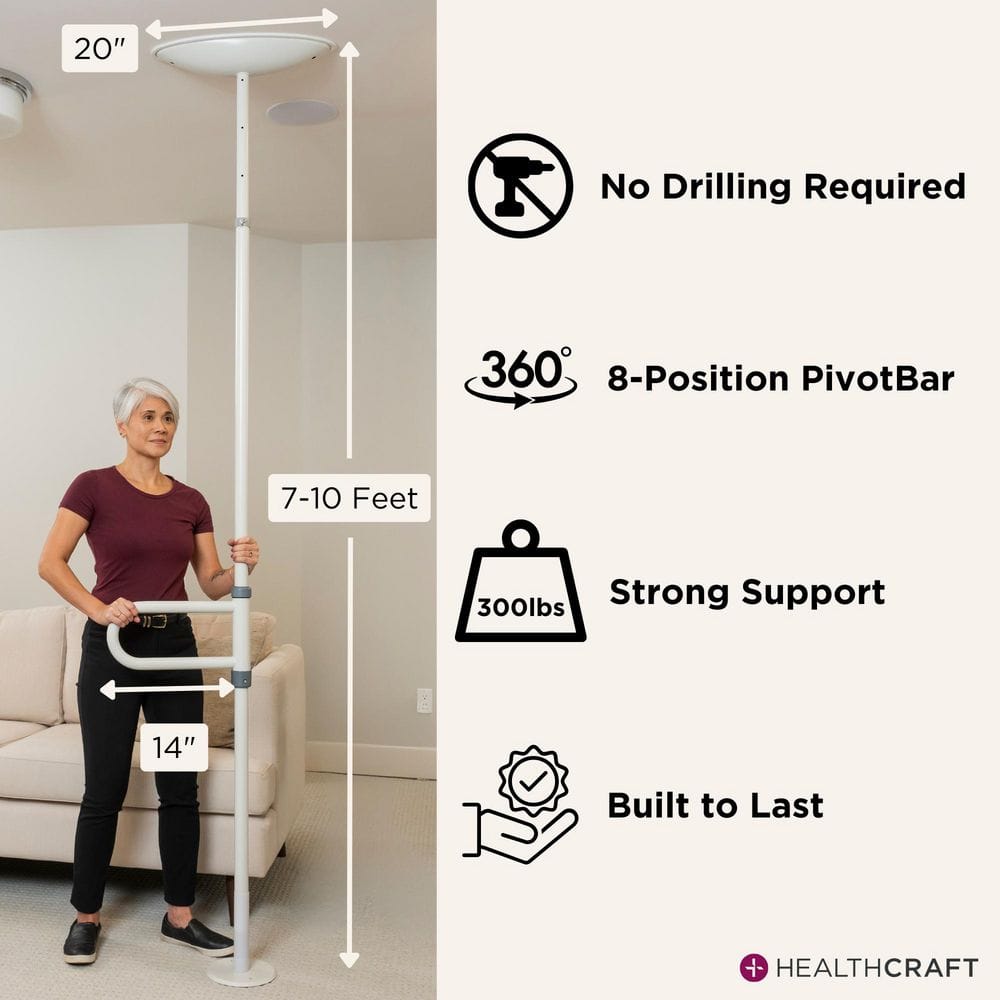 uPole With PivotBar 84-120 in. x 1.5 in. No Drill Floor-To-Ceiling Grab Bar, Transfer Pole (300 Lbs Capacity) in White
