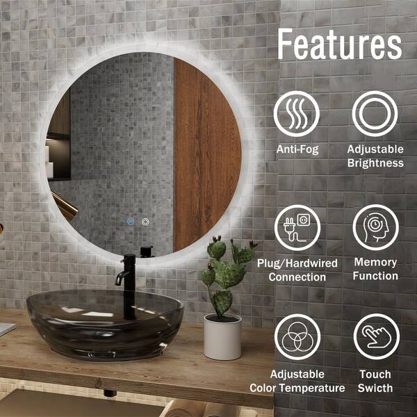 Apmir 24 in. W x 24 in. H Round Frameless Super Bright 192 Leds/m Lighted  Anti-Fog Tempered Glass Wall Bathroom Vanity Mirror L037A60 - The Home Depot