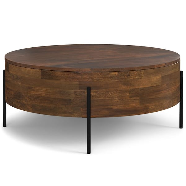 Rayburn 38 in. Walnut Brown Wide Round Modern Urban Drum Solid Mango Wood Coffee Table