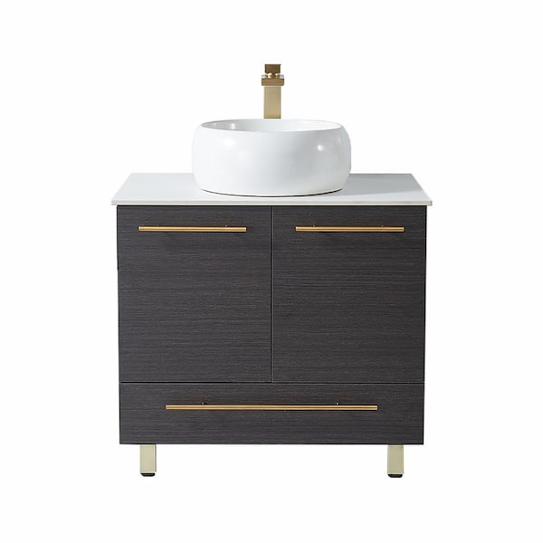 VC CUCINE 30 in. W x 20.5 in D. x 33 in. H Bathroom Vessel Sink Vanity in Black Wood Grain with White Slate Top with Single Basin