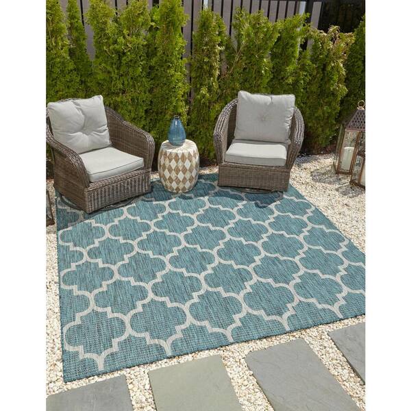 Unique Loom Trellis Outdoor 7 x 10 Teal/Gray Indoor/Outdoor