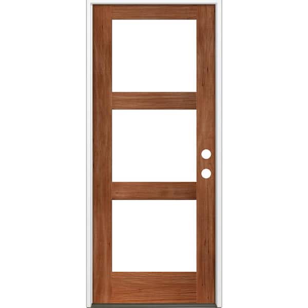 Krosswood Doors 32 in. x 80 in. Modern Hemlock Left-Hand/Inswing 3-Lite Clear Glass Red Chestnut Stain Wood Prehung Front Door