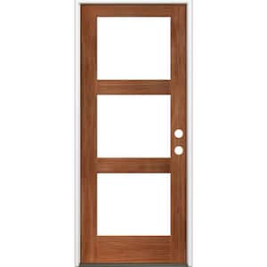 36 in. x 80 in. Modern Hemlock Left-Hand/Inswing 3-Lite Clear Glass Red Chestnut Stain Wood Prehung Front Door