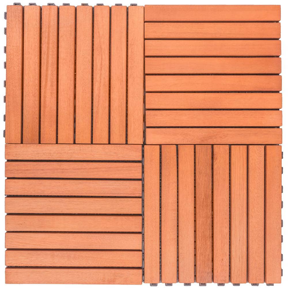 Kaia 11" Reddish Brown Eucalyptus Wood Interlocking Deck Tile Set